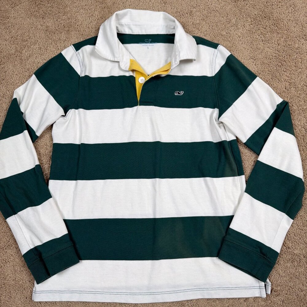 Vineyard Vines Rugby Shirt Boys L Green White Striped Long Sleeve Preppy Sport